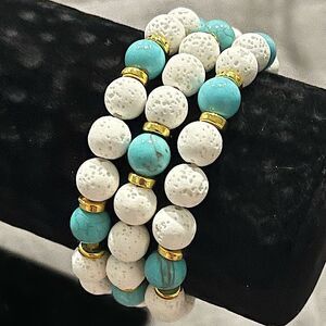 NEW Set of 3 White Lava Beads & Blue Turquoise  Handmade Beaded Bracelets